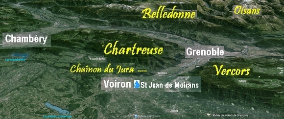 au pied des alpes, panorama sur 5 chanes de montagnes: Jura, Chartreuse, Belledonne, Oisans,Vercors. Grenoble, Voiron, Lac Paladru. Cliquez
